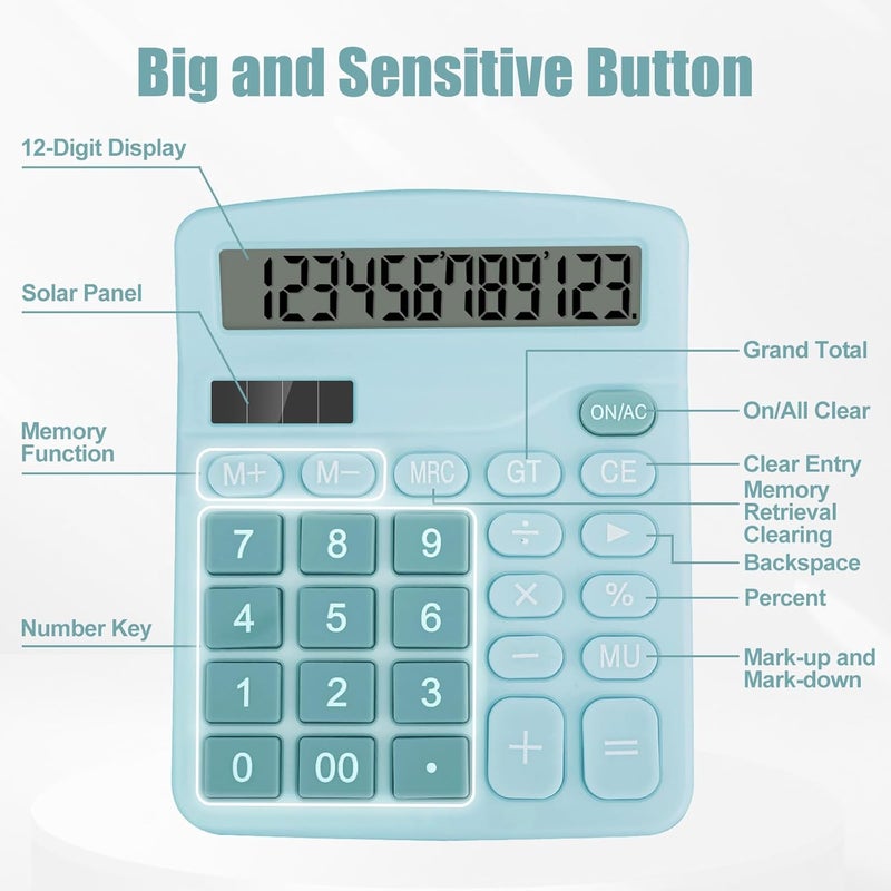 HUTUDD Desktop Calculator, Light Blue Calculator Big Buttons, 12-Digits Large LCD Display, Solar and AA Battery Dual Power, Desk Calculators for Office Home School Business Class (Light Blue) - Image 5